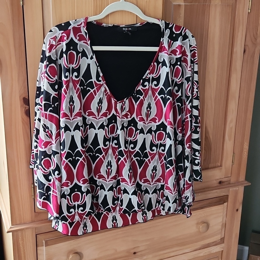 Style & Co Women's Sz XL Pink Black Floral Batwing Dolman Top